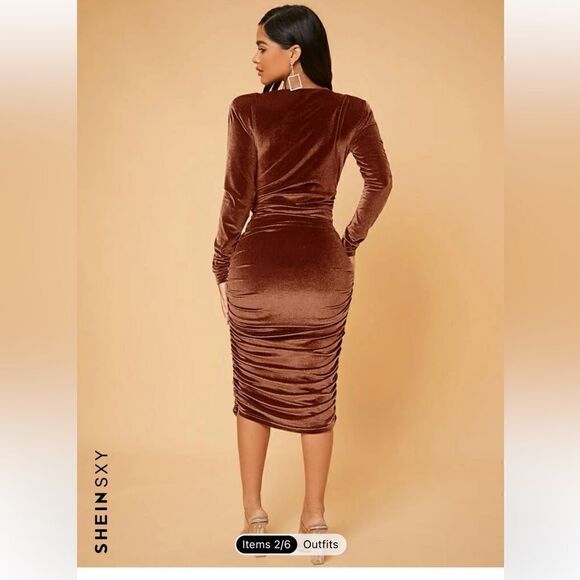 Coffee Brown V Neck Ruched Velvet Bodycon Dress size Medium NWT - Picture 3 of 6